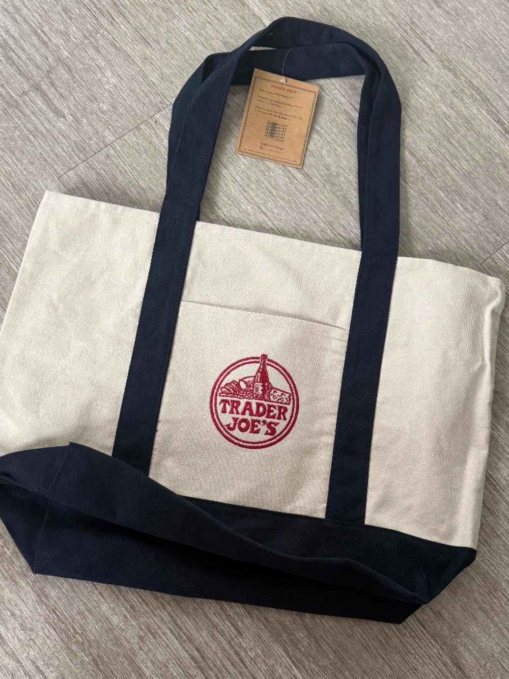 Trader Joe's Large Canvas Tote Bag Shopping Grocery Off White Navy Blue
